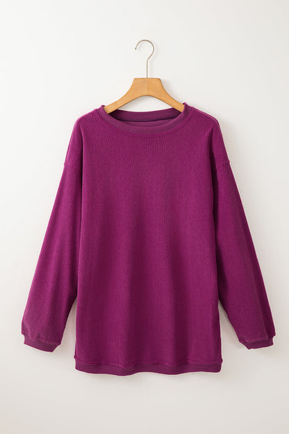 White ribbed corduroy oversized long sleeve sweatshirt with cozy boutique styling