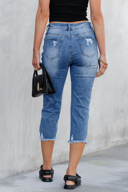 Georgia distressed skinny capri jeans in sky blue washed denim for women