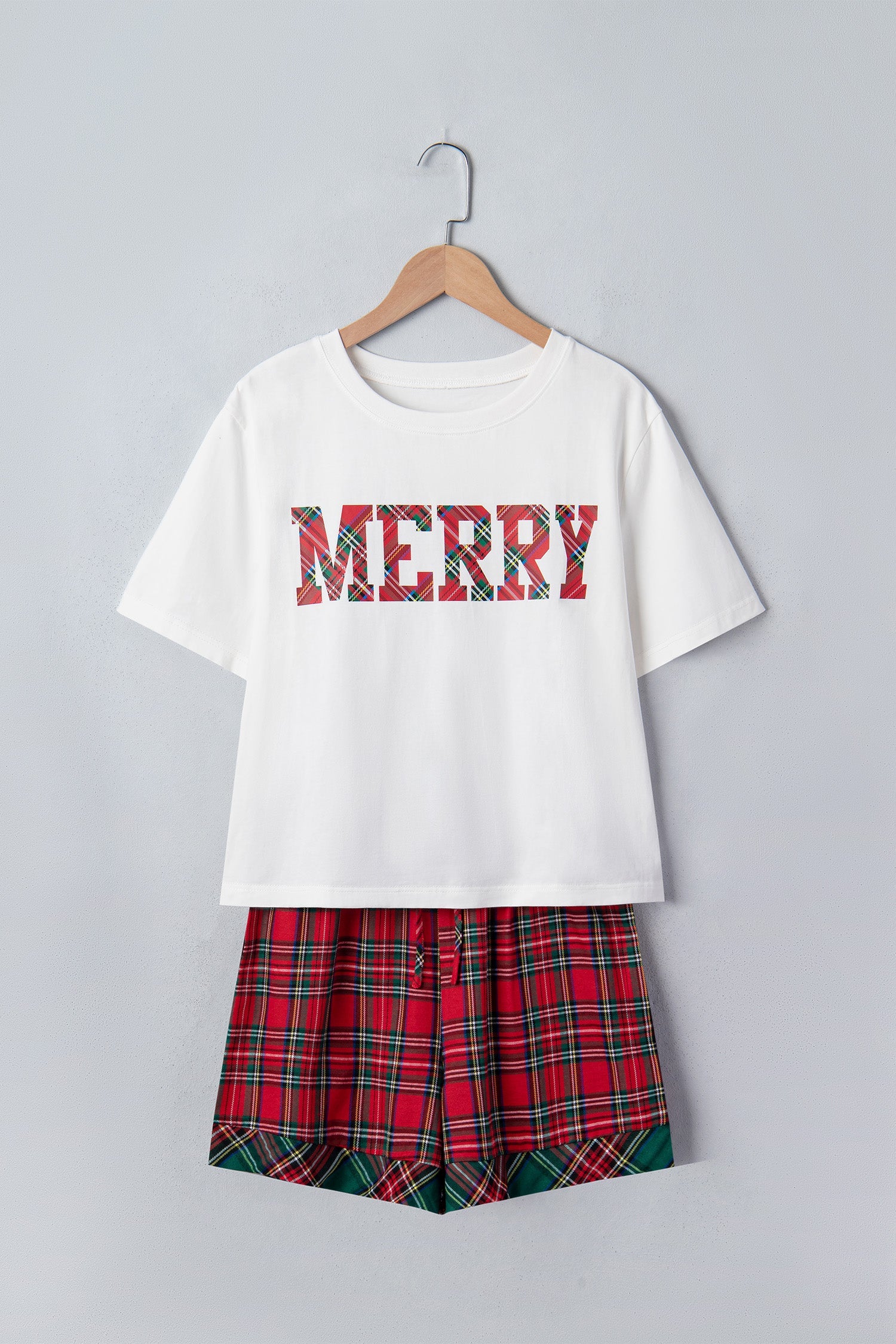 White Christmas Plaid MERRY Graphic Top & Shorts Set with plaid detail women's boutique fashion