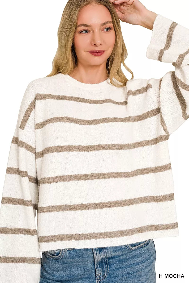 Mocha wool blend striped sweater with horizontal stripes, long sleeves, relaxed boutique style view 4