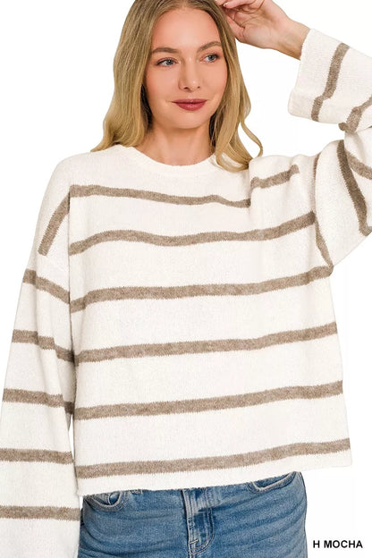 Mocha wool blend striped sweater with horizontal stripes, long sleeves, relaxed boutique style view 4