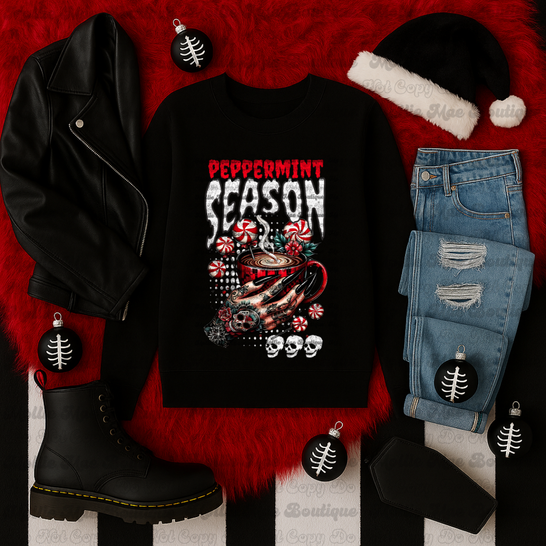 Peppermint Season — Goth Cocoa Graphic Sweatshirt (Black)