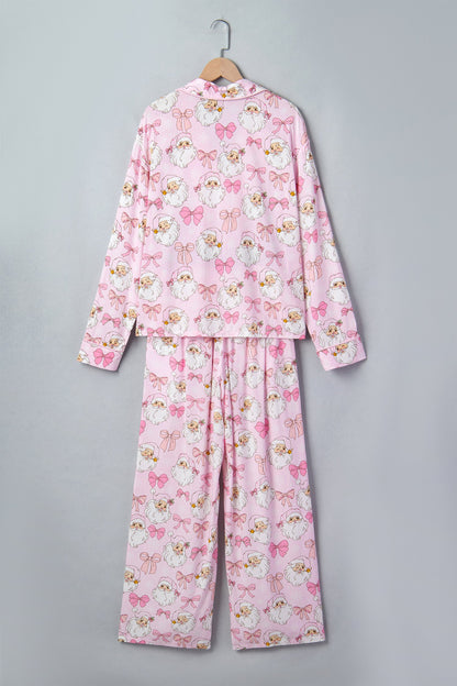pink Santa Christmas pajama set with long sleeve top, pants and bow print boutique loungewear