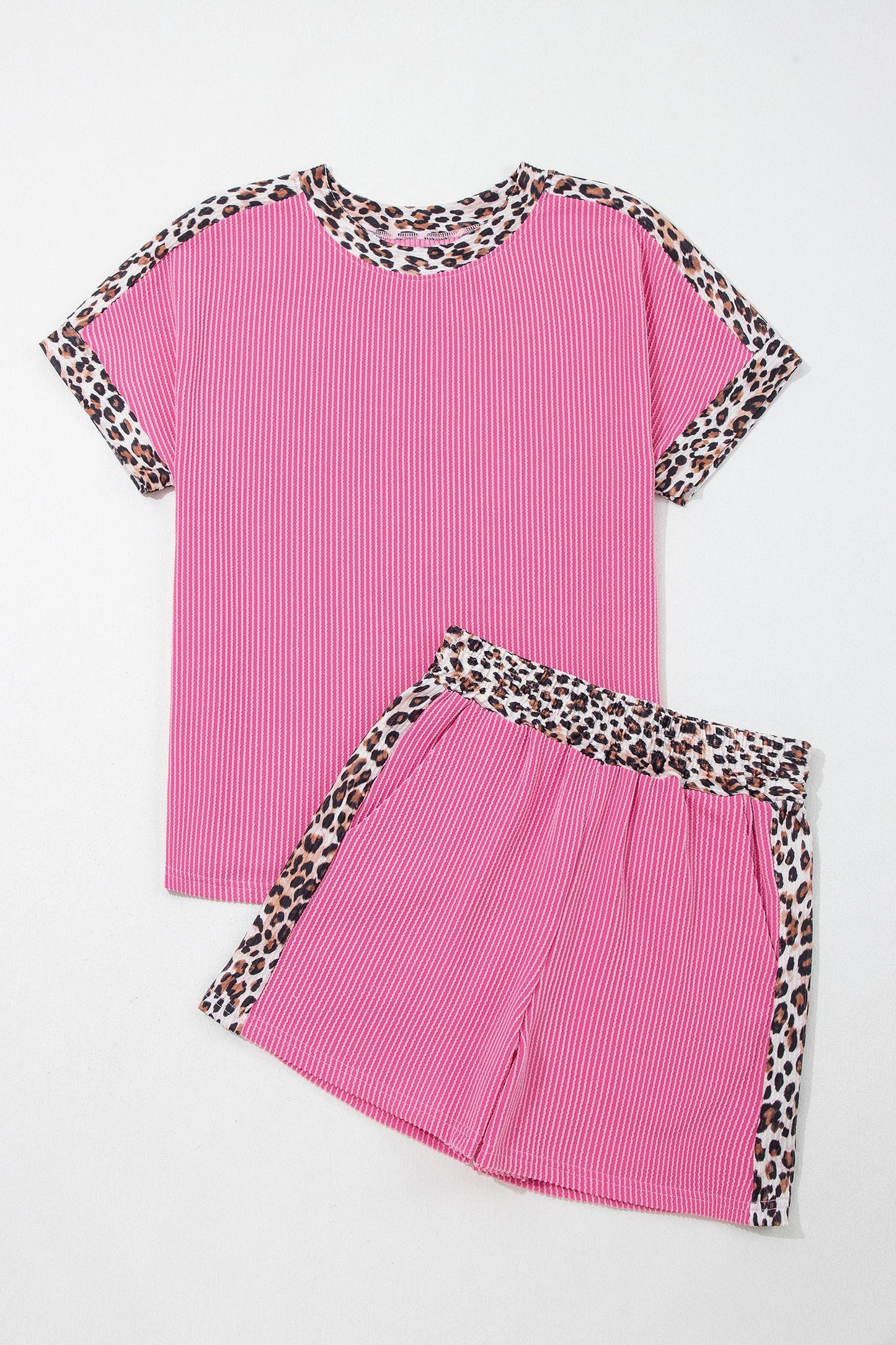 Sachet pink corded knit top and shorts set with leopard trim accents and relaxed boutique loungewear style