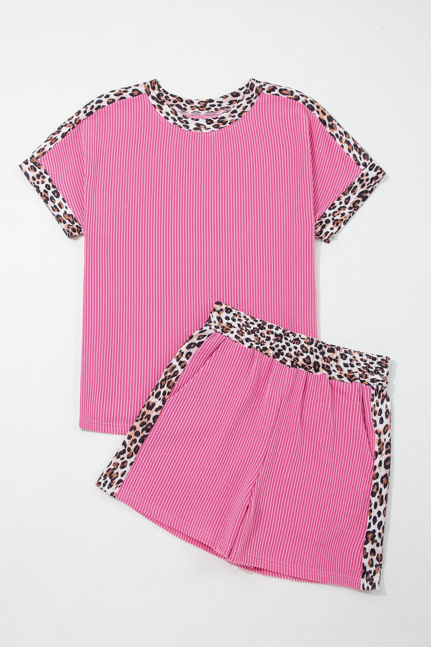 Sachet pink corded knit top and shorts set with leopard trim accents and relaxed boutique loungewear style
