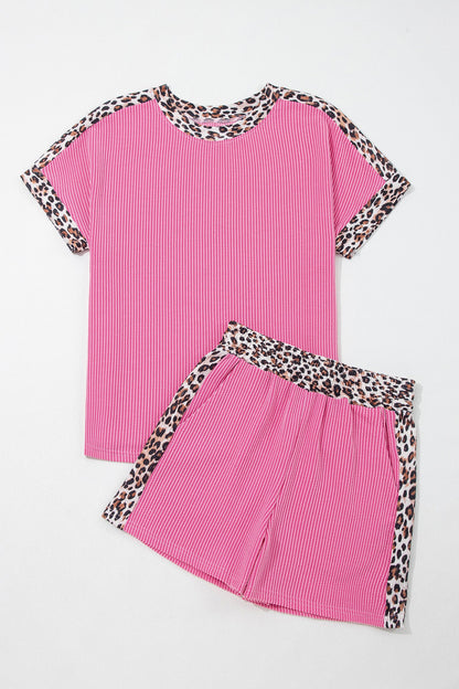Sachet pink corded knit top and shorts set with leopard trim accents and relaxed boutique loungewear style