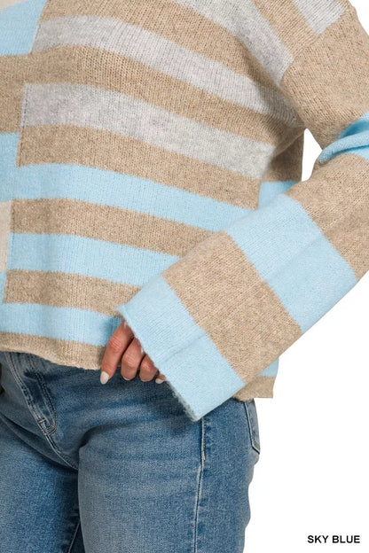 Sky blue color block wool blend sweater with ribbed trim and relaxed fit - view 6