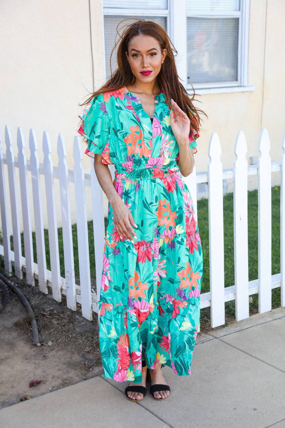 Multicolor Tropical Floral Smock Waist Tiered Midi Dress