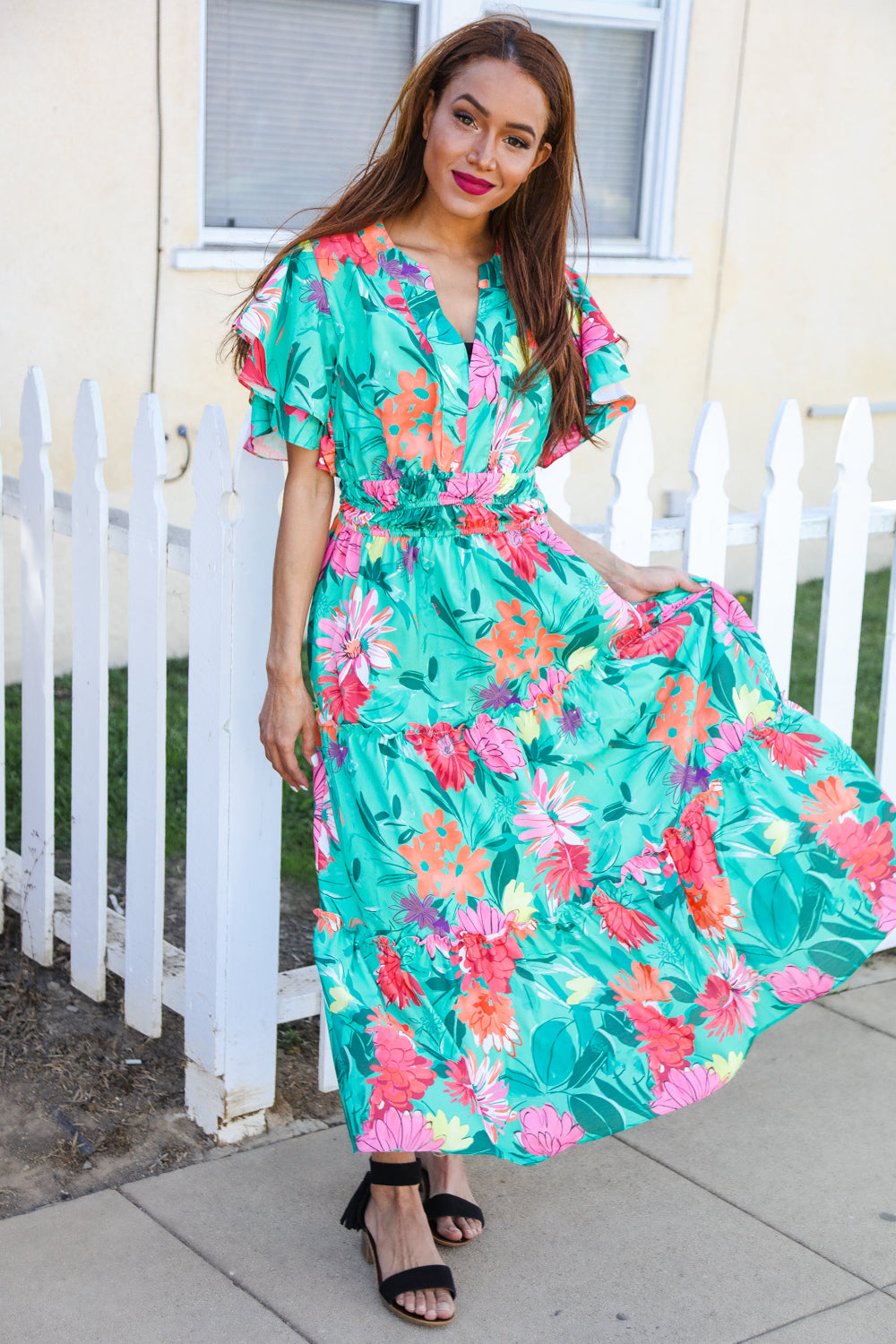 Multicolor Tropical Floral Smock Waist Tiered Midi Dress