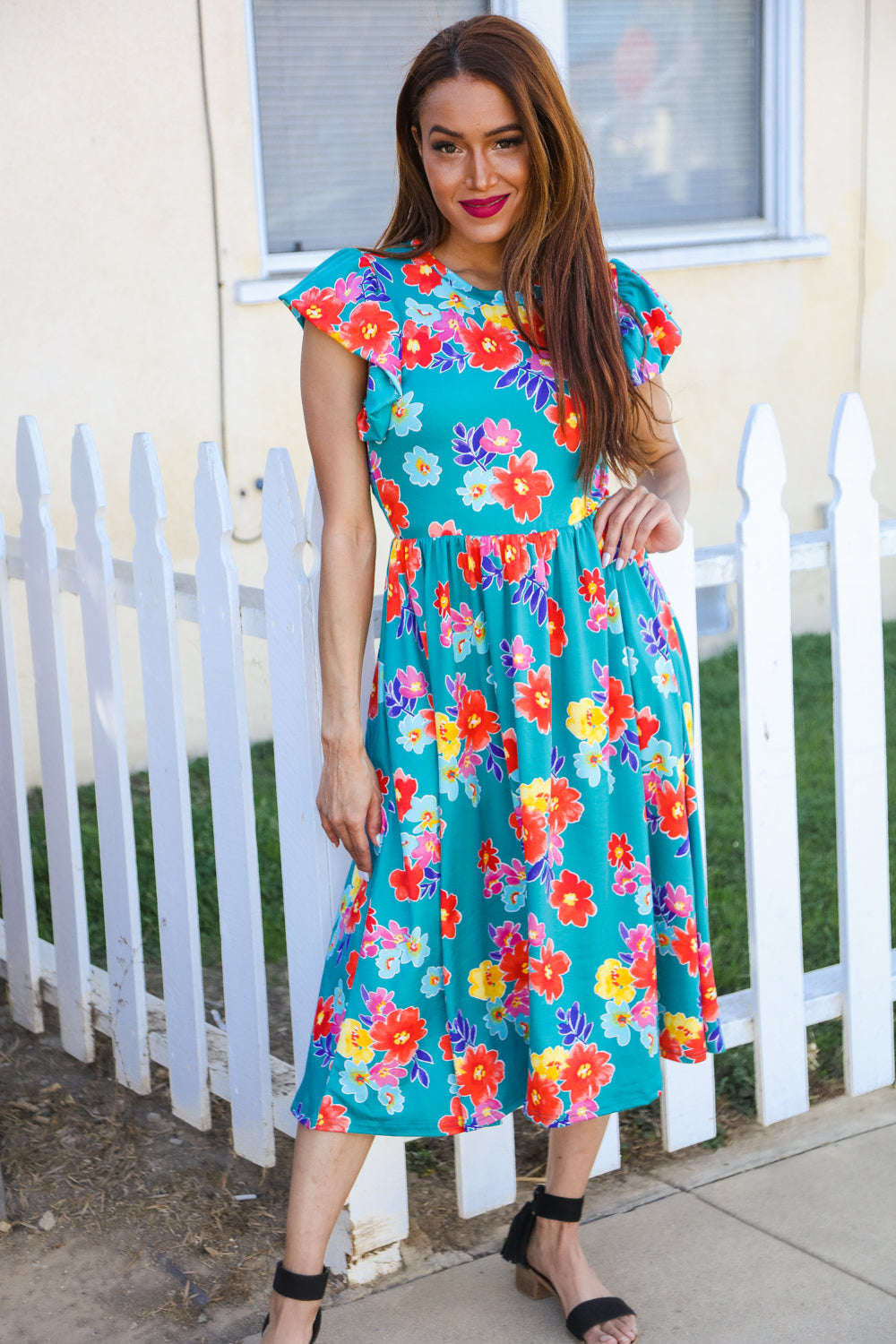 Emerald Floral Print Folded Flutter Sleeve Midi Dress