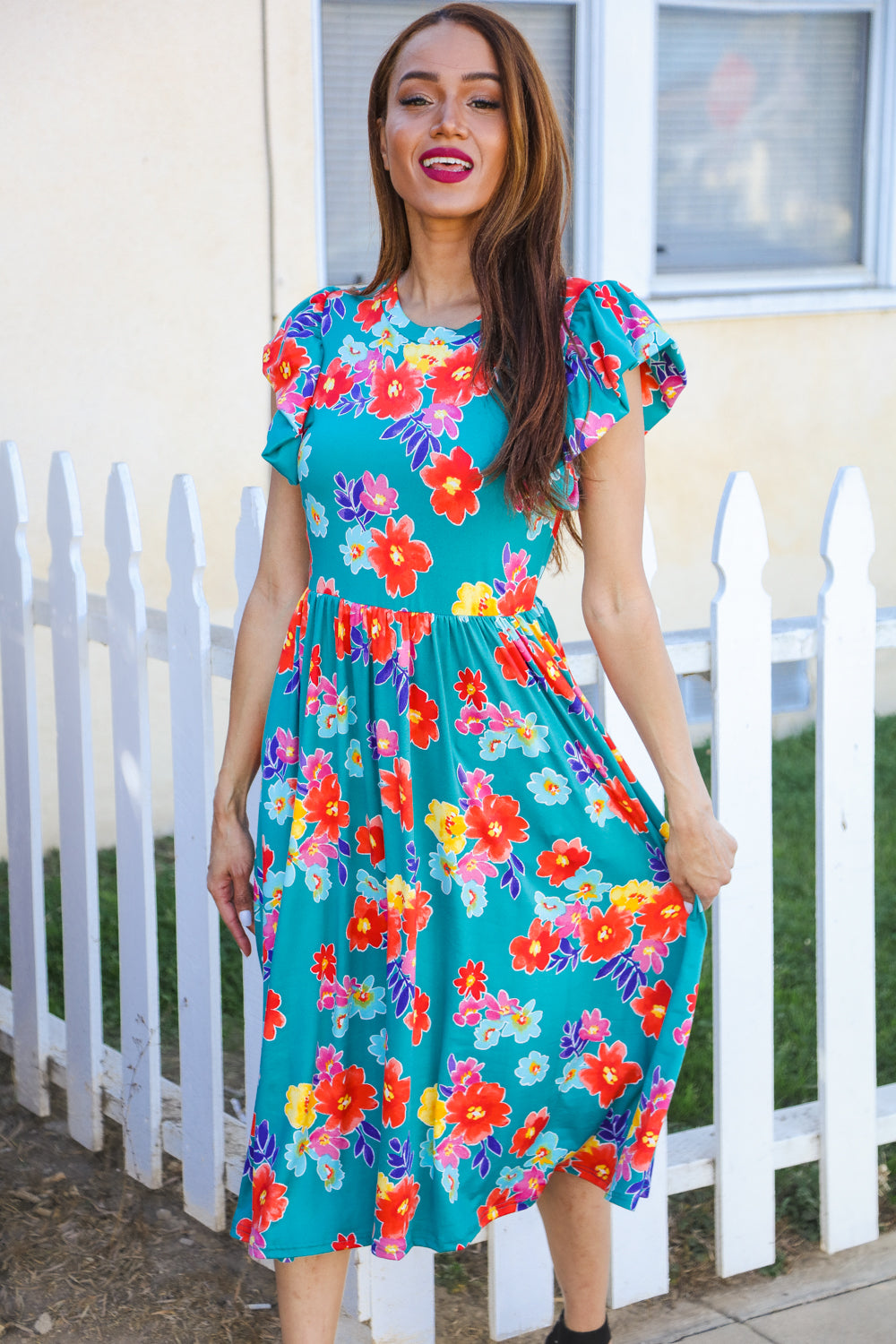 Emerald Floral Print Folded Flutter Sleeve Midi Dress