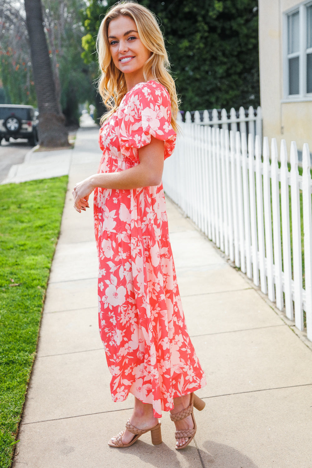 Coral Elastic V Neck Tiered Big Floral Maxi Dress