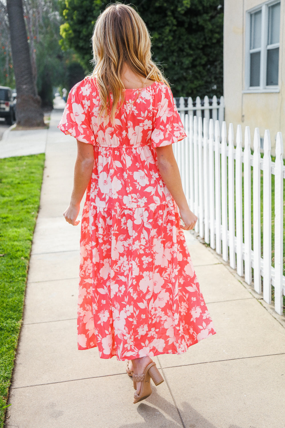 Coral Elastic V Neck Tiered Big Floral Maxi Dress