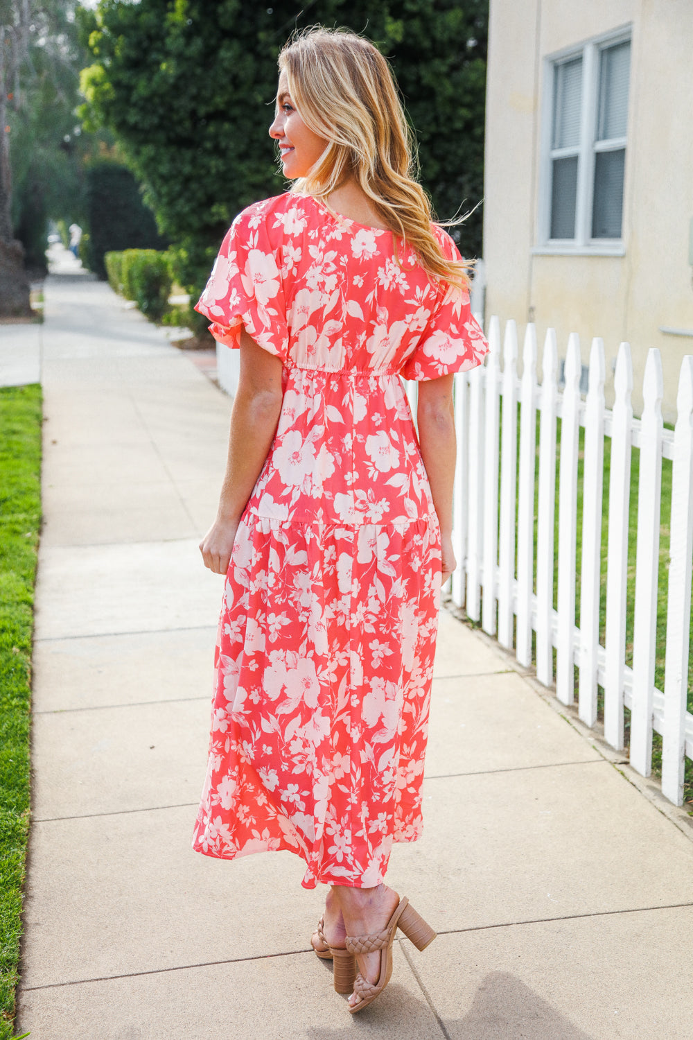 Coral Elastic V Neck Tiered Big Floral Maxi Dress