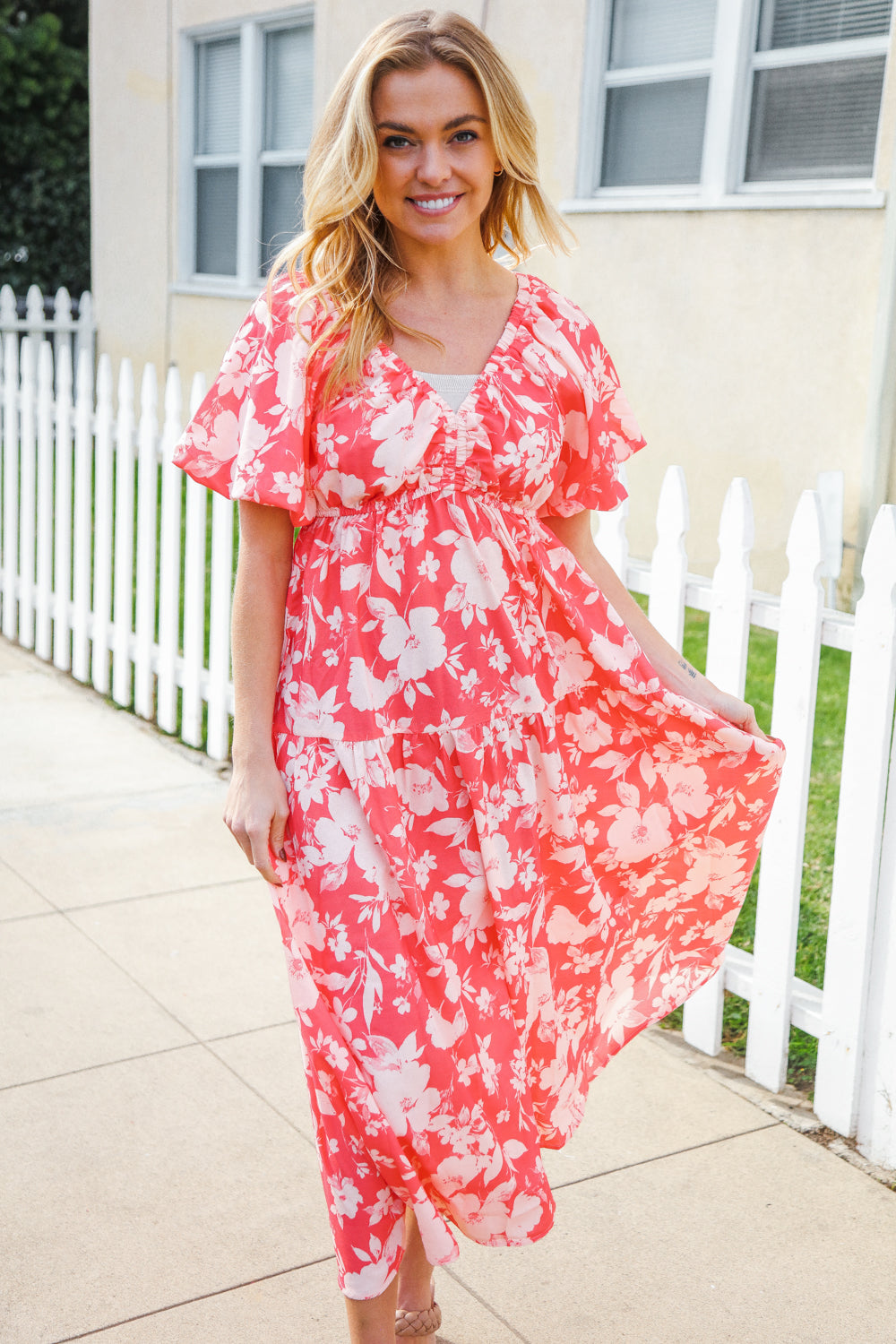 Coral Elastic V Neck Tiered Big Floral Maxi Dress