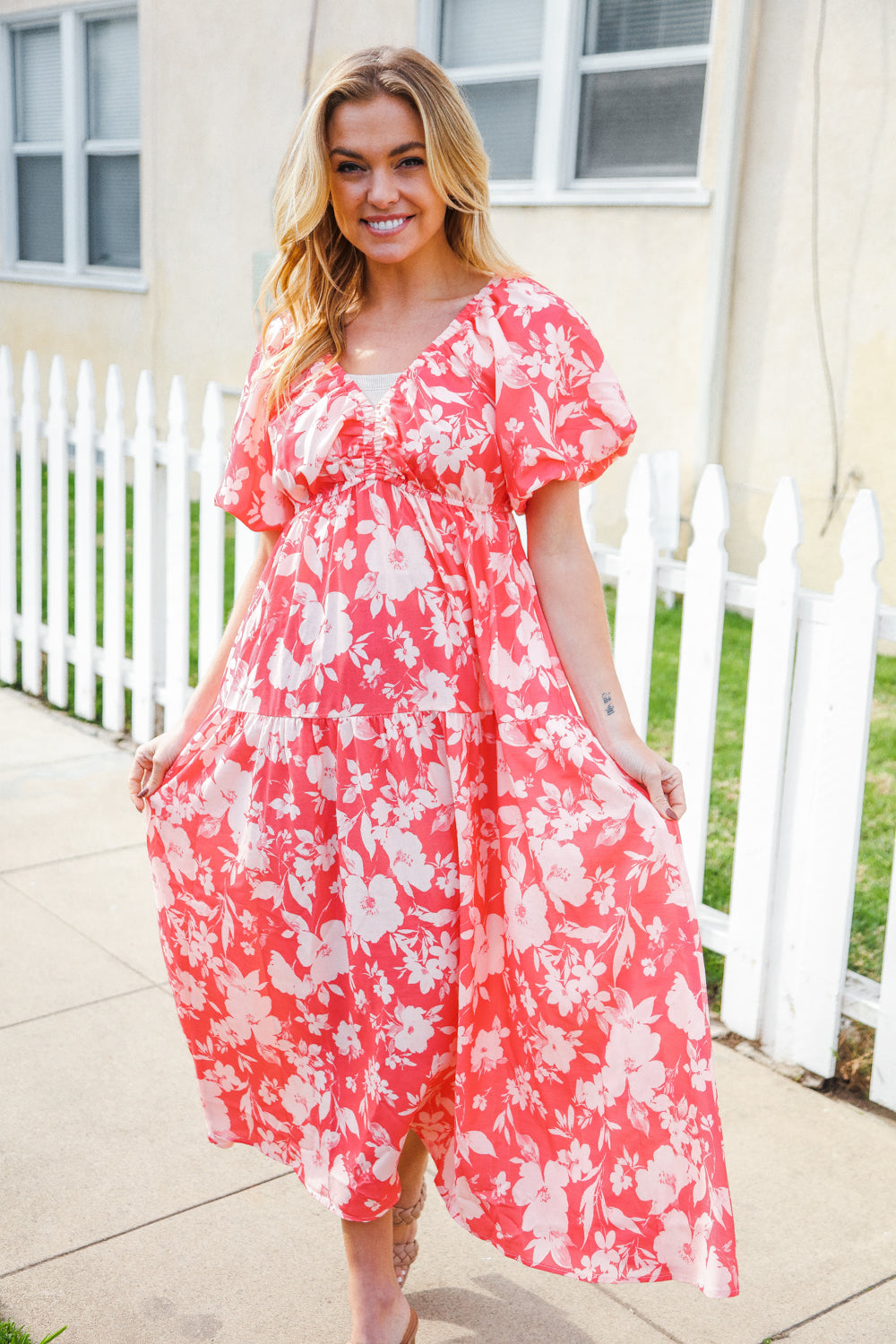 Coral Elastic V Neck Tiered Big Floral Maxi Dress