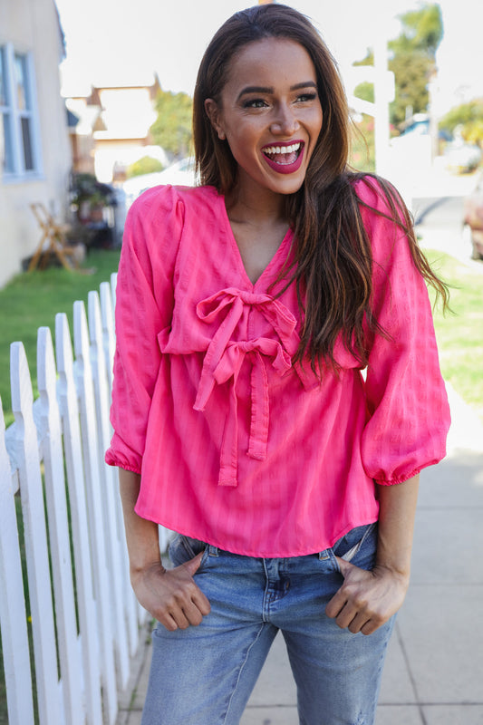 Pink V Neck Ribbon Bow Babydoll Woven Blouse