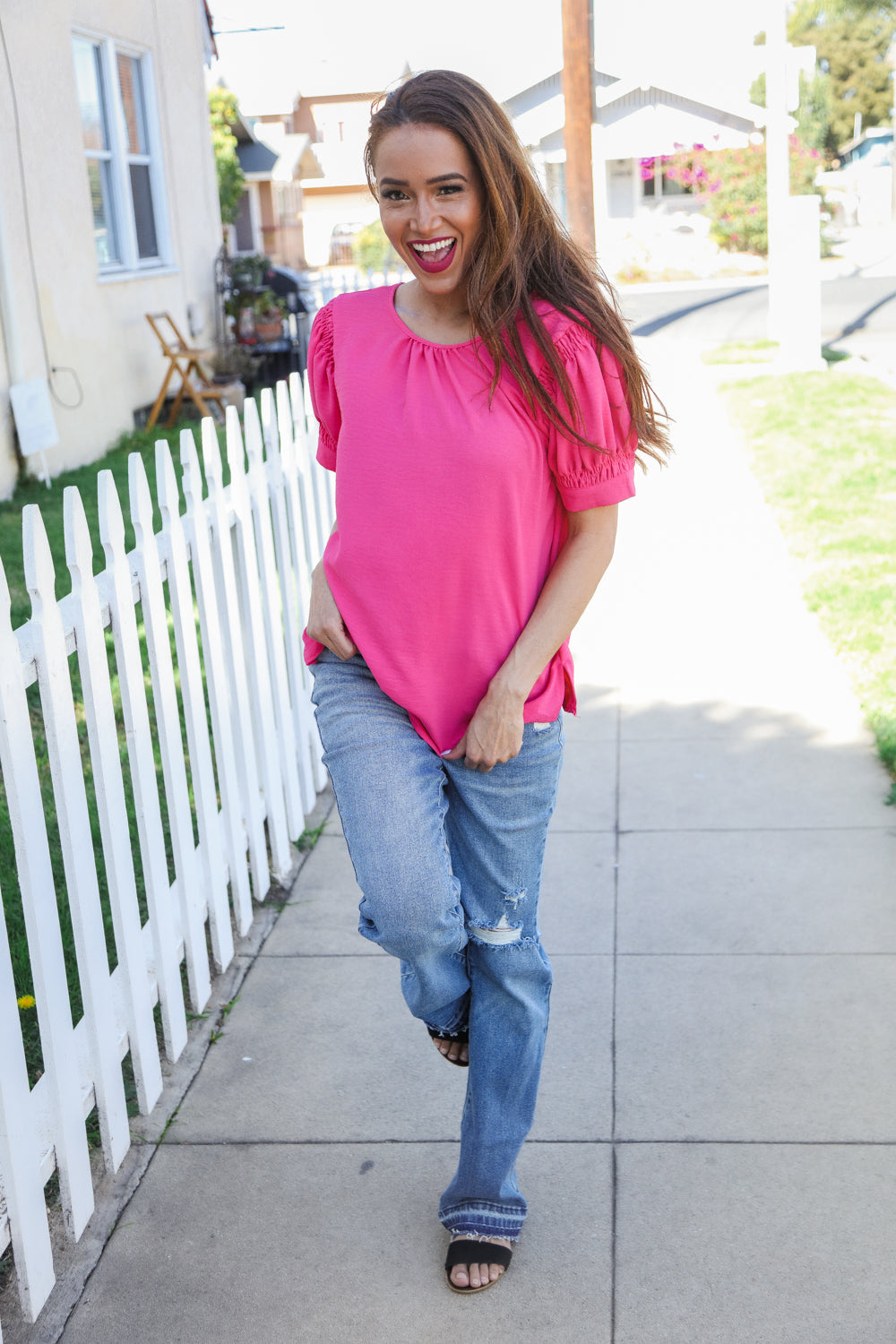 Solid Fuchsia Silk Shirred Cap Short Sleeve Blouse