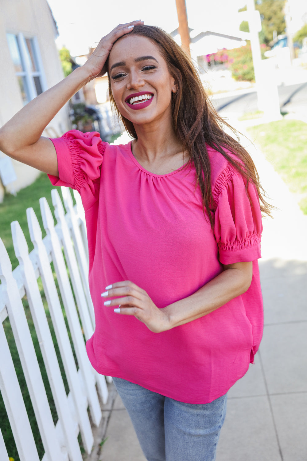 Solid Fuchsia Silk Shirred Cap Short Sleeve Blouse