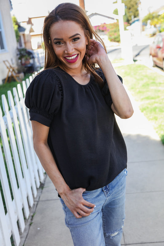 Solid Black Silk Shirred Cap Short Sleeve Blouse