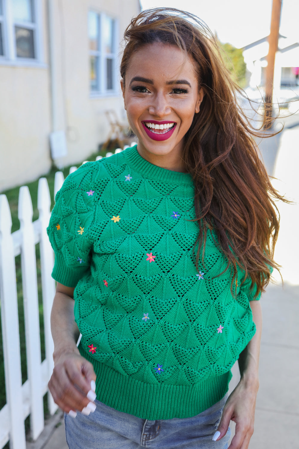 Embroidered Crochet Textured Short Sleeve Sweater