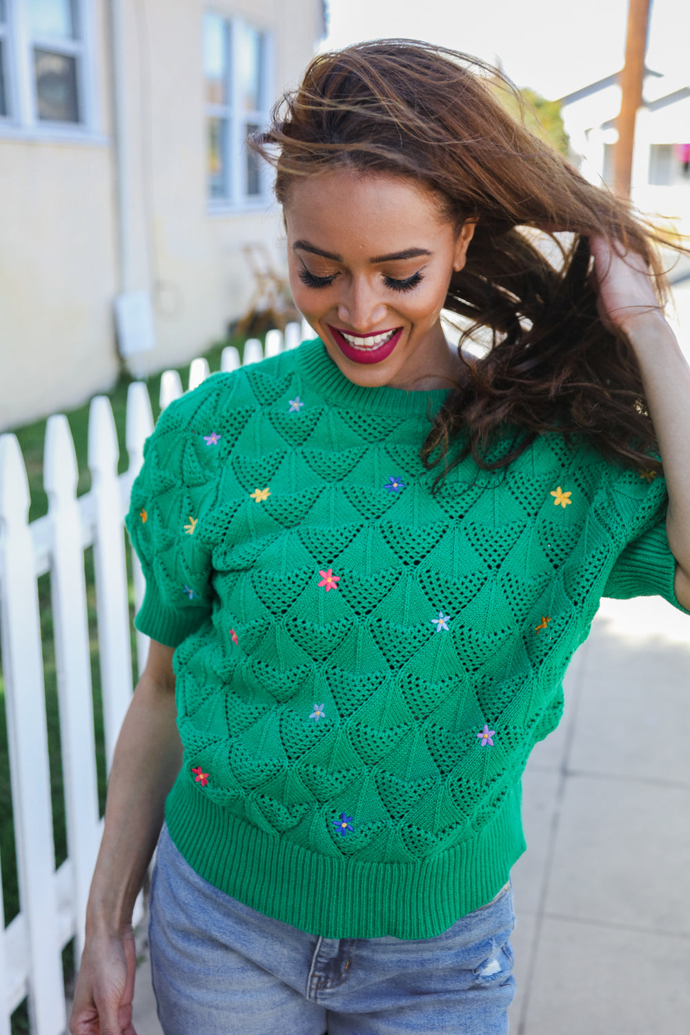 Embroidered Crochet Textured Short Sleeve Sweater