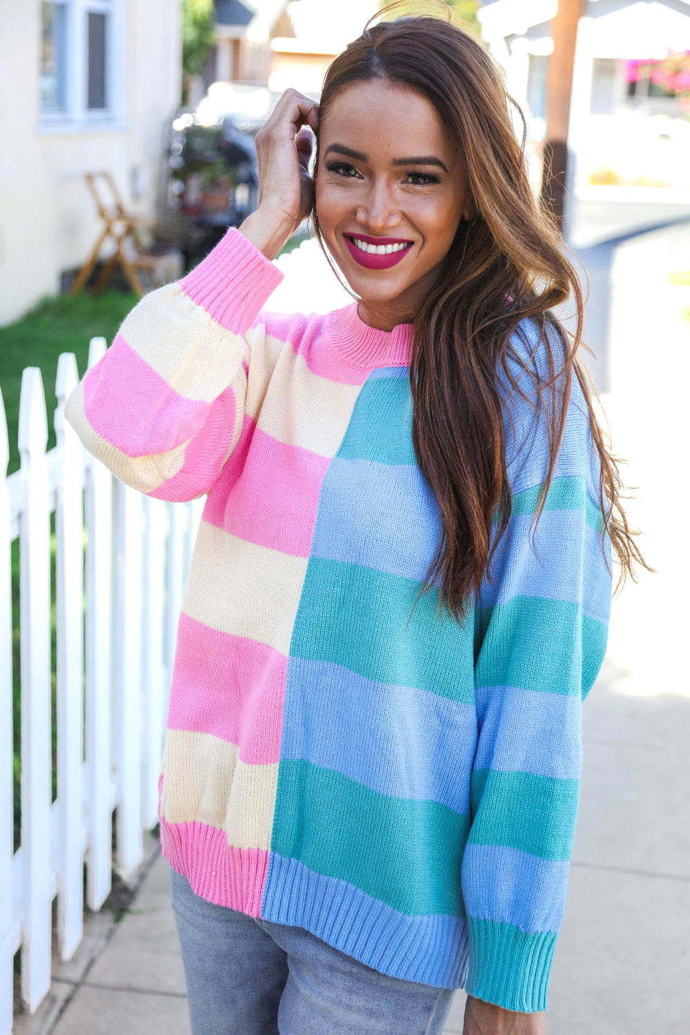 Blush & Blue Stripe Color Block Knit Sweater