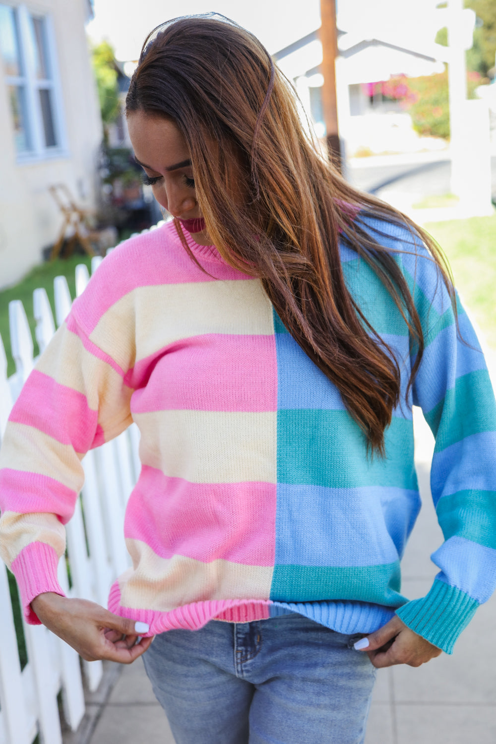 Blush & Blue Stripe Color Block Knit Sweater