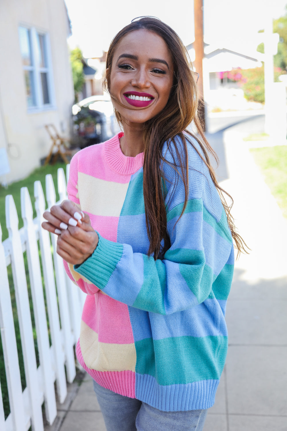 Blush & Blue Stripe Color Block Knit Sweater