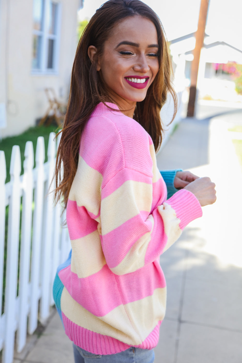 Blush & Blue Stripe Color Block Knit Sweater