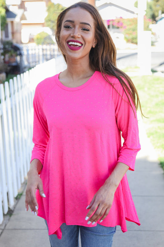 Hot Pink Glitter Stud Scarf Hem Top