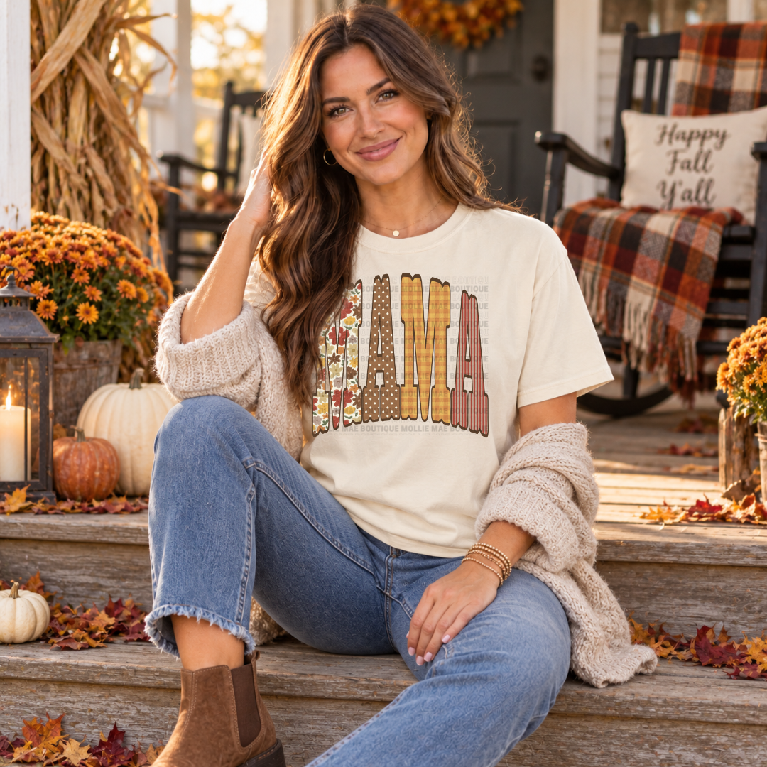 MAMA Fall Patchwork Graphic Tee or Crewneck Sweatshirt