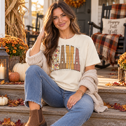 MAMA Fall Patchwork Graphic Tee or Crewneck Sweatshirt