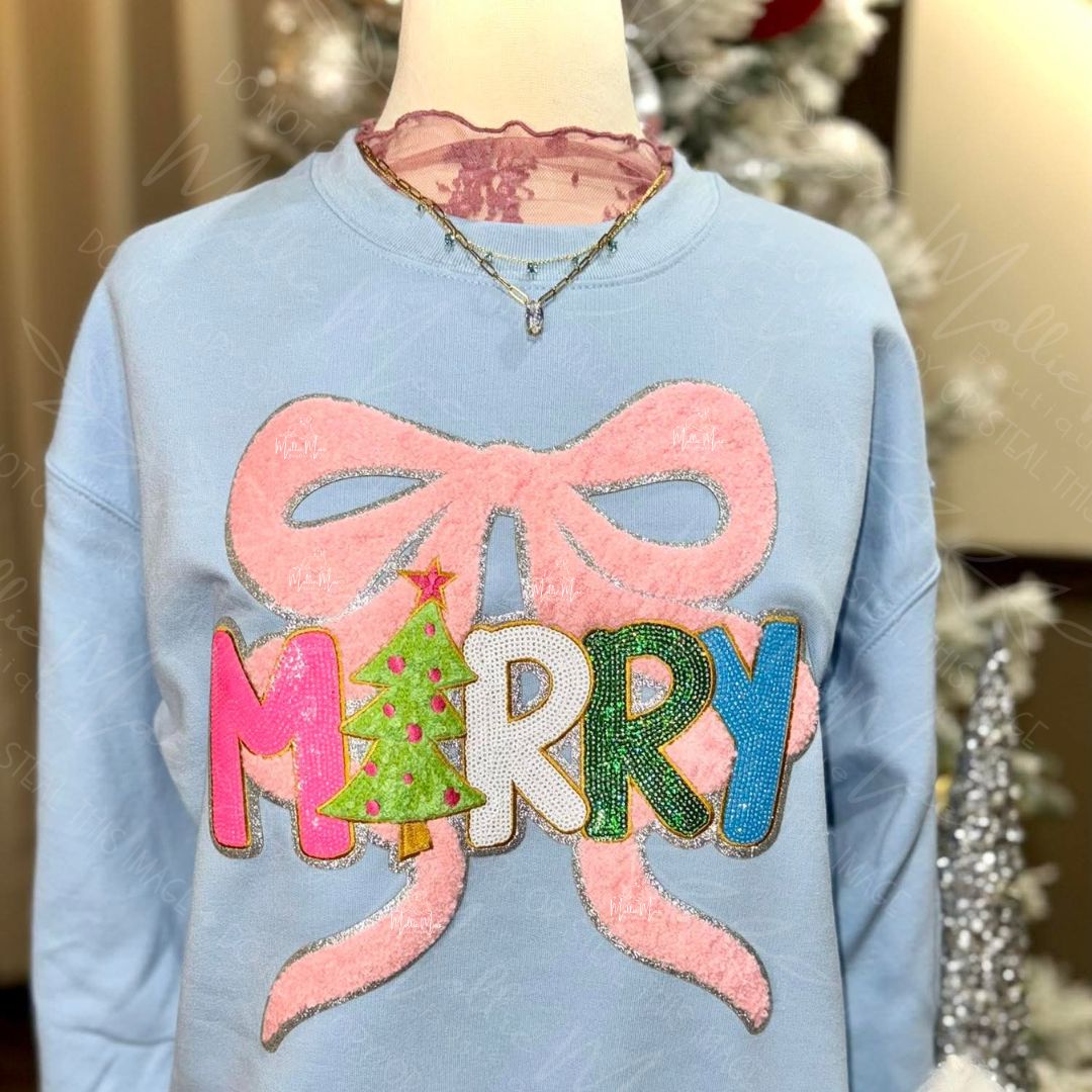Merry Chenille Patch Sweatshirt – Light Blue