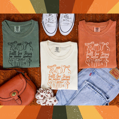 Fall for Jesus He Never Leaves – Doodle Graphic Tee