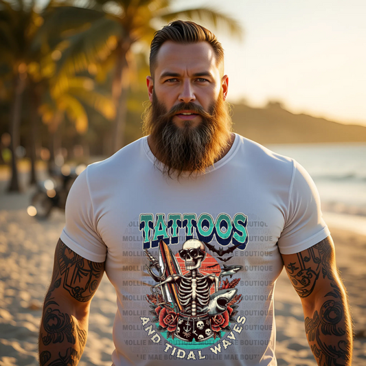 Unisex Tattoos and Tidal Waves graphic t-shirt featuring bold tattoo-inspired design and beach-themed text