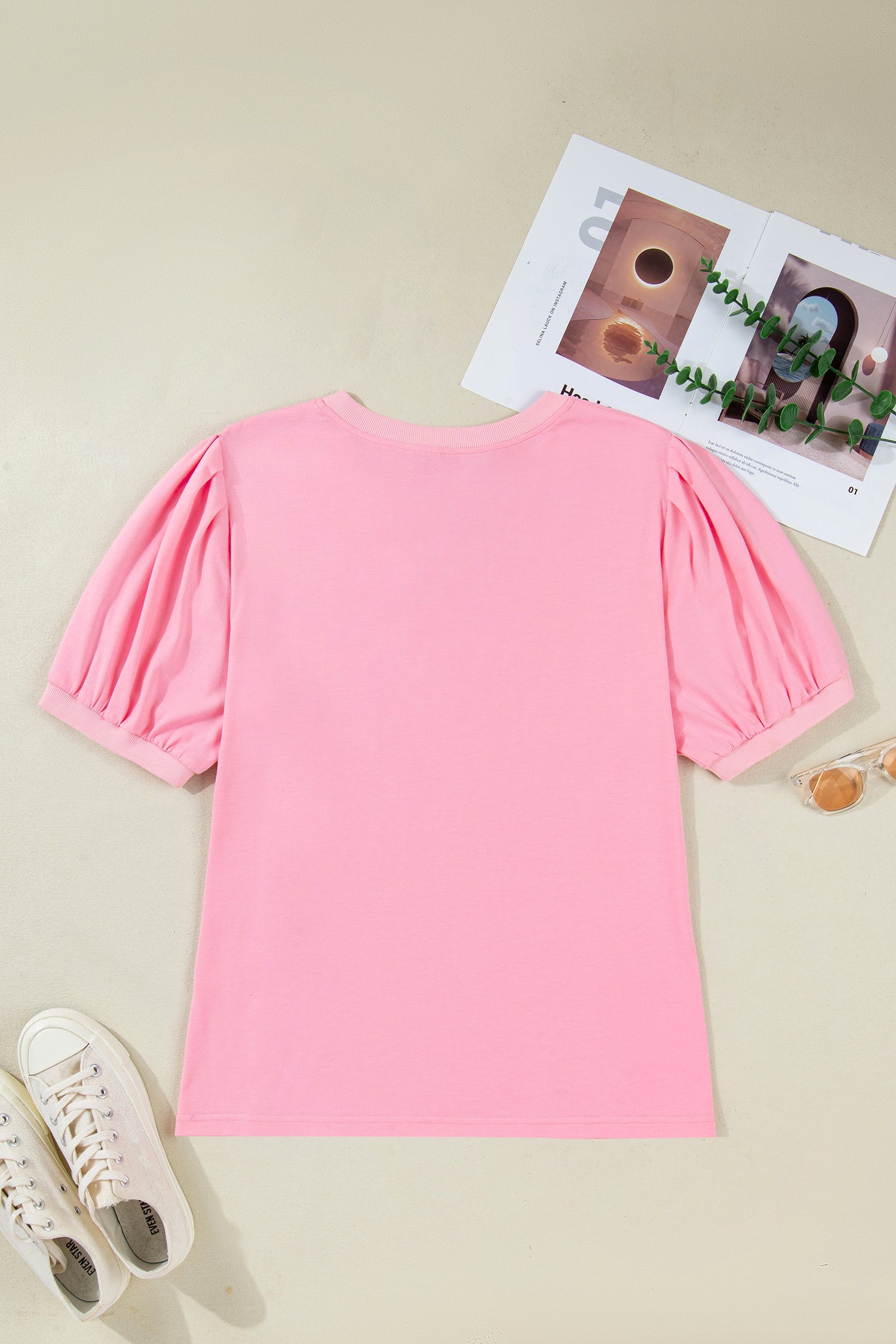 Plus Size Solid V-Neck Pleated Puff Sleeve Blouse Pretty Bash women's boutique top from Mollie Mae Boutique