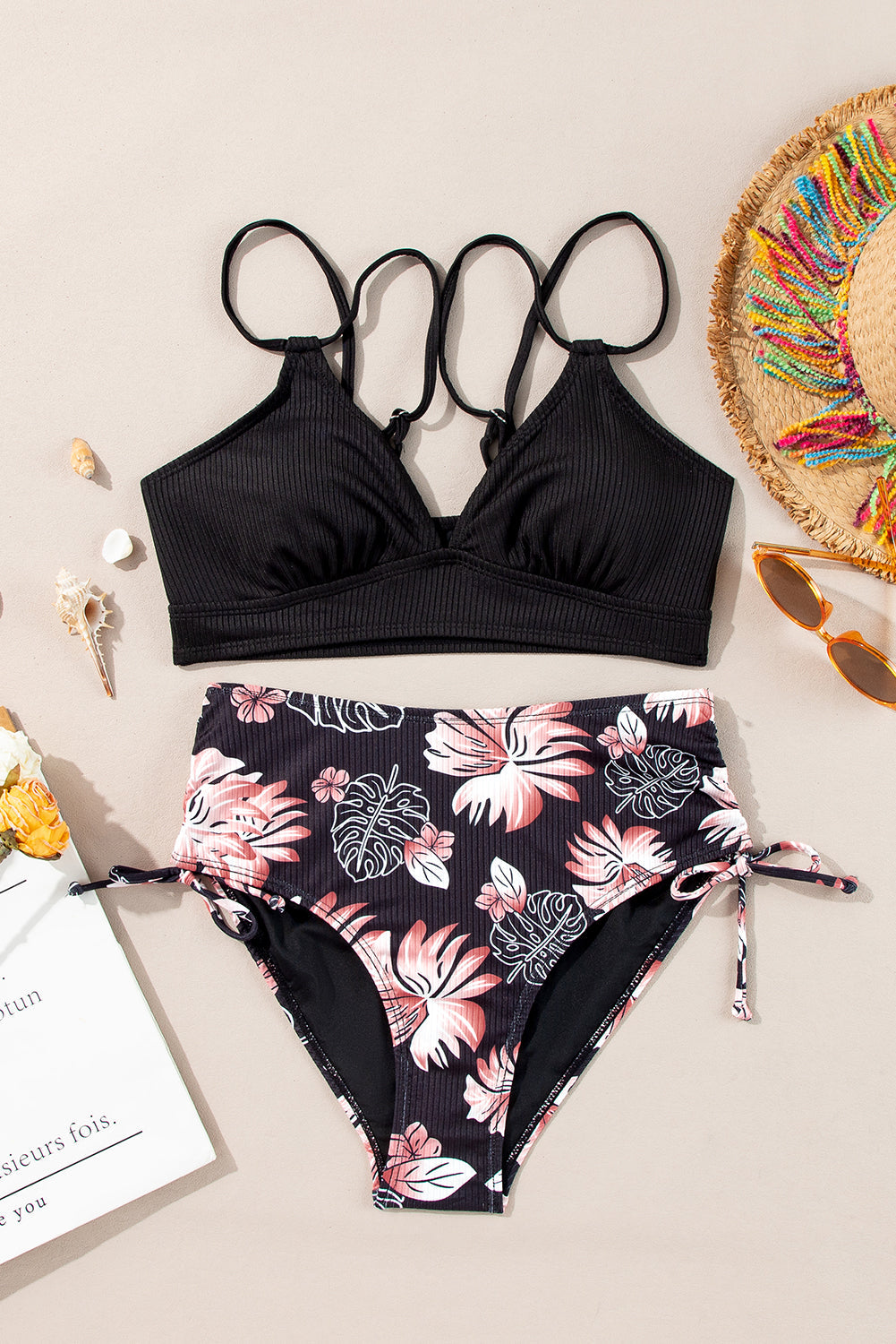 Tropical Colorblock Ribbed High Waist Bikini Swimsuit
