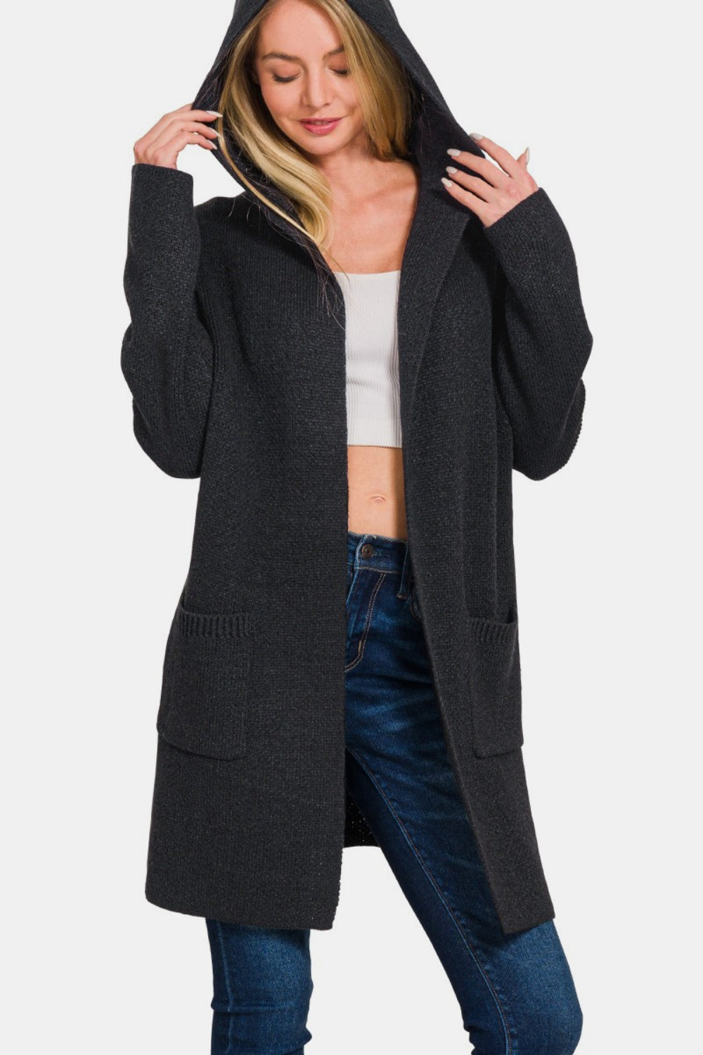 Zenana Black Hooded Open Front Sweater Cardigan