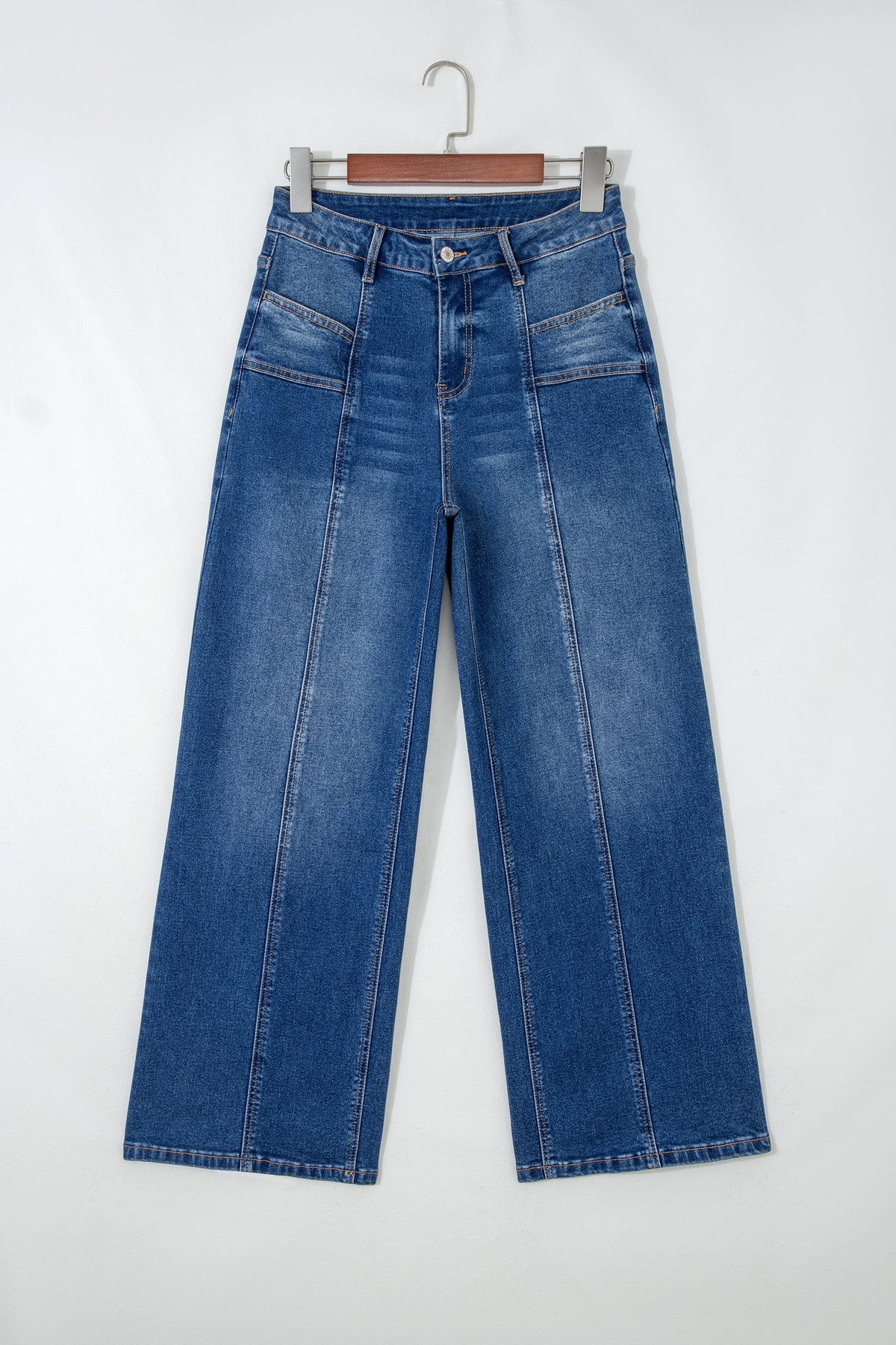 sky blue high waist jeans with seam detail and pockets boutique denim