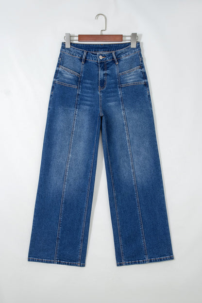 sky blue high waist jeans with seam detail and pockets boutique denim