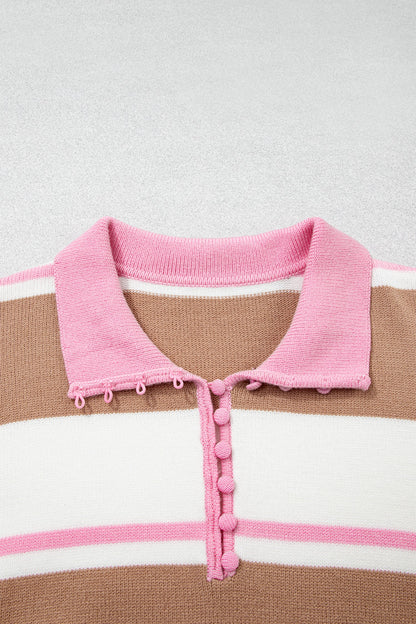 Plus size pink stripe colorblock sweater with scalloped collar and boutique styling