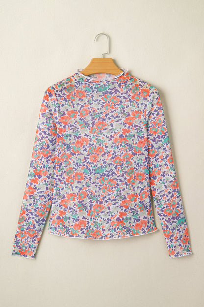 Blue Floral Mesh Long Sleeve Mock Neck Top with floral detail and mesh texture women's boutique fashion