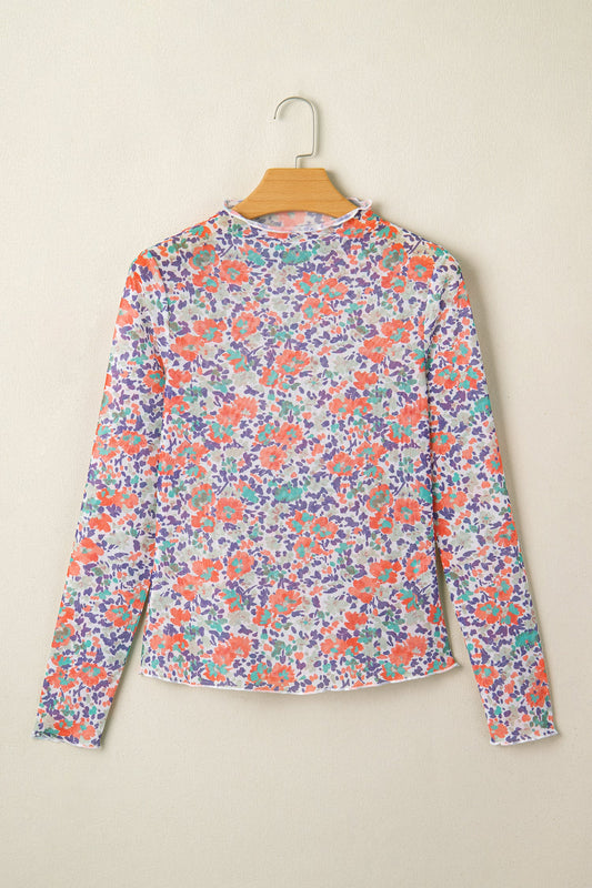 Blue Floral Mesh Long Sleeve Mock Neck Top with floral detail and mesh texture women's boutique fashion