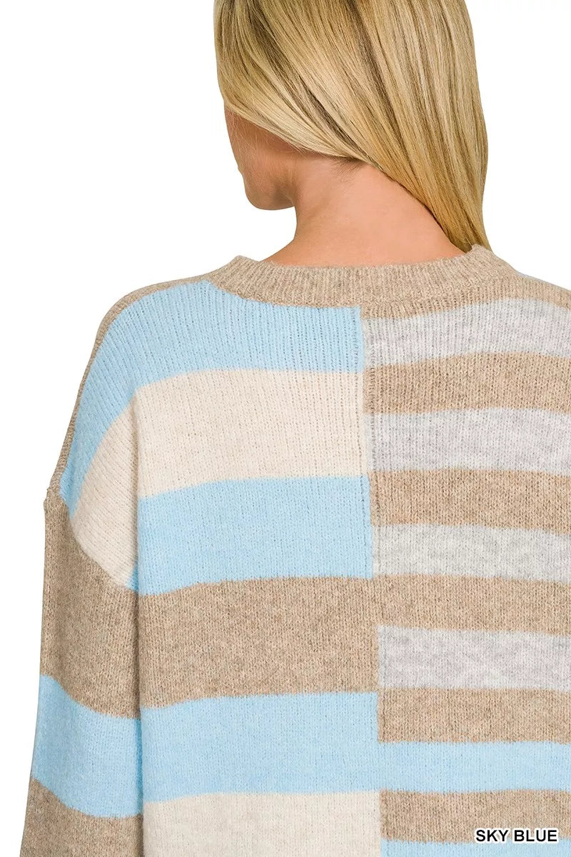 Sky blue color block wool blend sweater with ribbed trim and relaxed fit - view 5