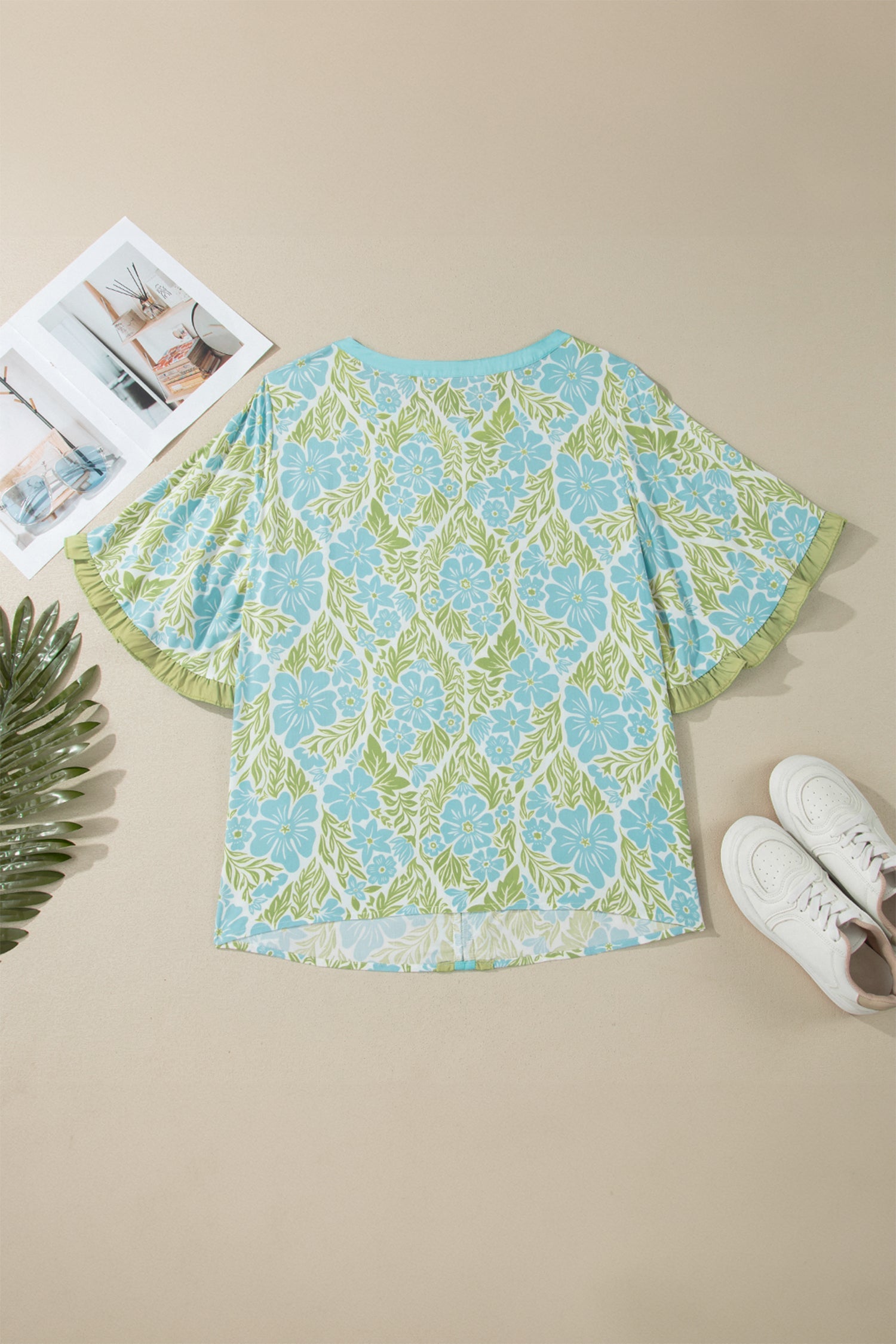 plus size sky blue floral frilled colorblock trim blouse for women