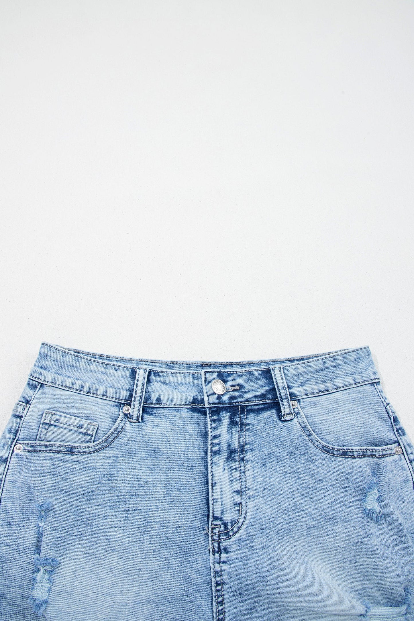 Beau blue acid wash high waist denim shorts with distressed details and casual boutique summer style