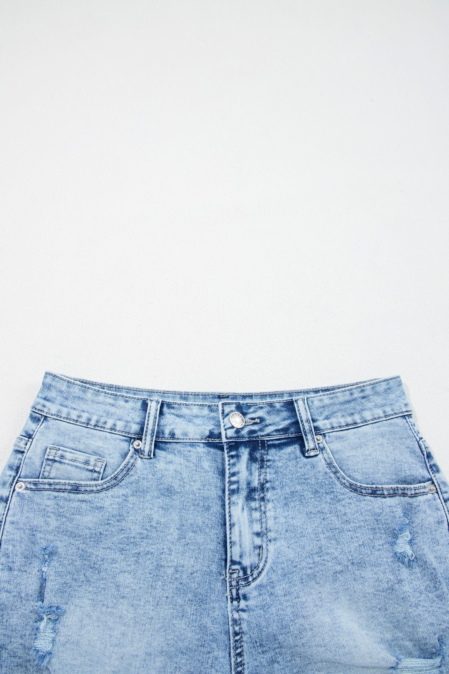 Beau blue acid wash high waist denim shorts with distressed details and casual boutique summer style