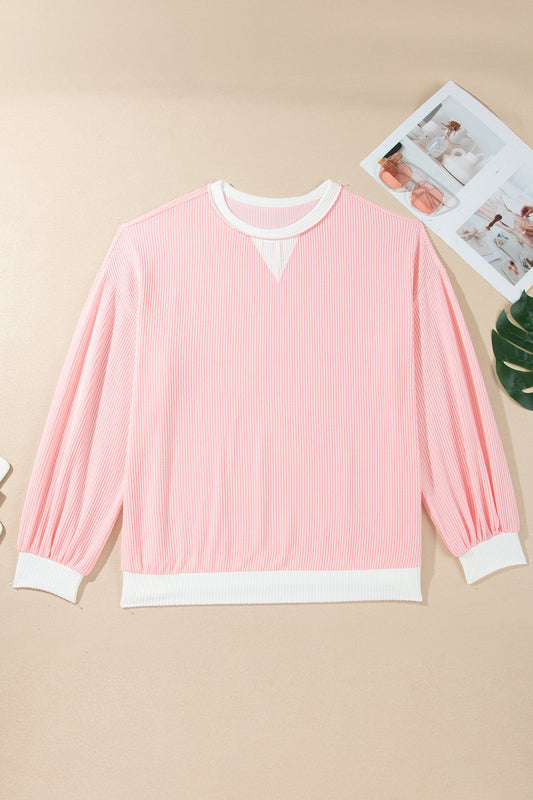 Plus Size Pink Colorblock Ribbed Knit Top with stretchy ribbed knit, contrast accents, and an easy plus-size fit, boutique fashion