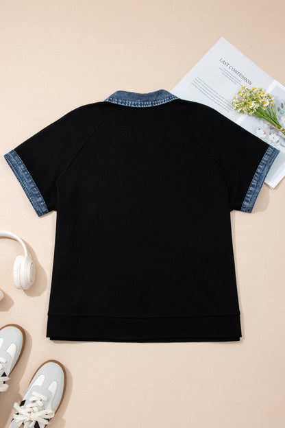 Denim Patchwork Waffle Knit Polo Tee